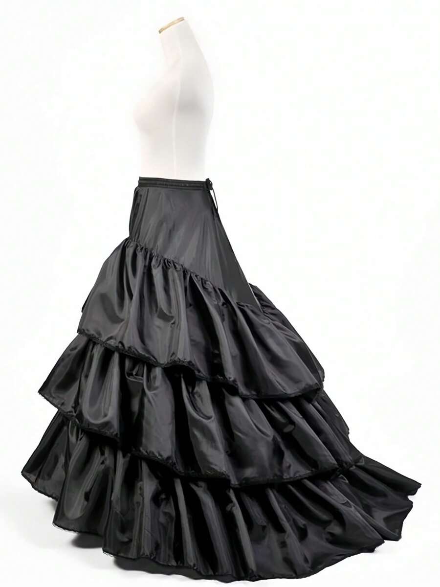 Women 3 Layer Ruffled Petticoat Crinoline Underskirt Slips Floor Length Bridal Petticoat With Train - 黑色 - 查看 1