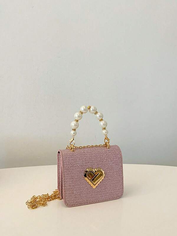 Diamond Pattern Fashion Mini Pearl Chain Handbag, Mini Shoulder & Crossbody Bag For Children, Small Square Bag