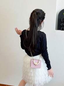 Diamond Pattern Fashion Mini Pearl Chain Handbag, Mini Shoulder & Crossbody Bag For Children, Small Square Bag - Pink - View 8
