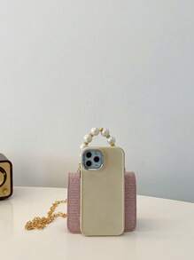 Diamond Pattern Fashion Mini Pearl Chain Handbag, Mini Shoulder & Crossbody Bag For Children, Small Square Bag - Pink - View 2