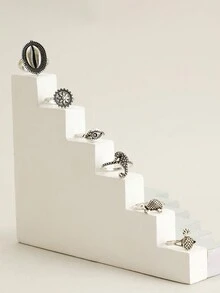 imoli 6 Chiếc Nhẫn Hợp Kim Phong Cách Cổ Điển Mắt, Rùa, Dứa, Cánh Hoa, Cá Ngựa, Vỏ Bộ Nhẫn Bạc Chủ Đề Đại Dương Dành Cho Quà Tặng Tiệc Nữ (Hiệu ứng bôi đen là ngẫu nhiên) - Nhiều màu - Xem 8