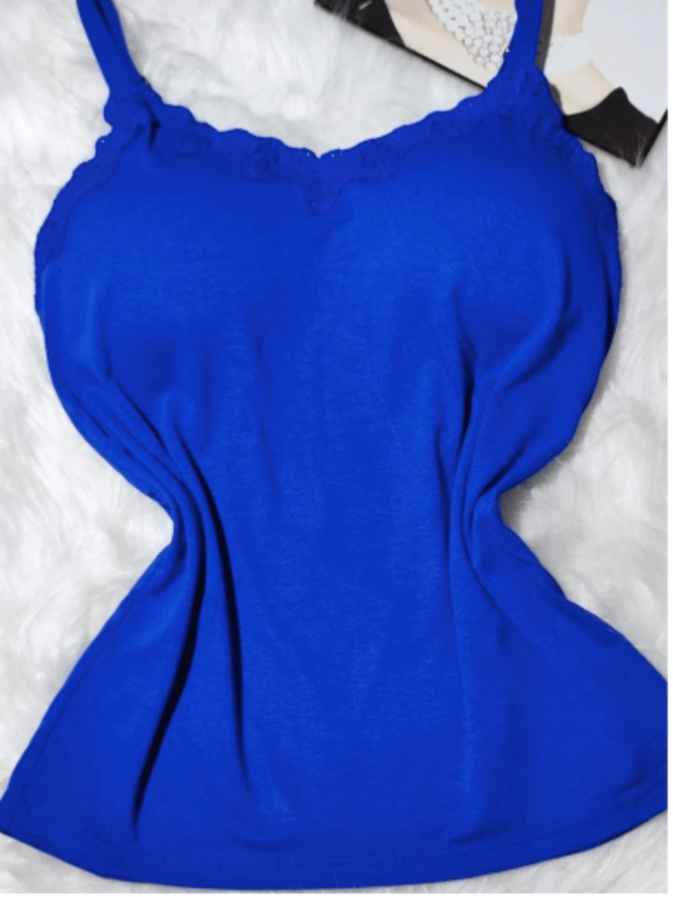 Blusinha Regata Feminina com Bojo e renda com Alças Reguláveis - Azul Royal - Visão 1