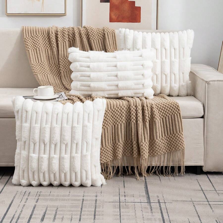 1pc Plush Wide Stripe Pillowcase - White - View 1