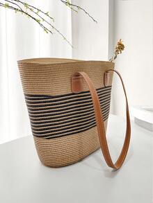 1入女式波西米亞風格條紋卡其色寬邊沙灘帽，1入手編肩背包，適合存放手機和其他日常必需品，時尚典雅的防曬摺疊帽，適用於海灘度假、戶外輕旅行、休閒時尚、購物、工作、派對和日常穿搭 - 彩色 - 查看 4