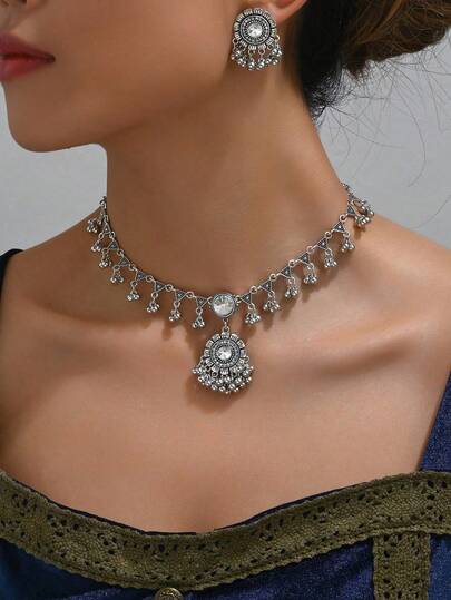 1 Set Vintage Rhinestone & Pearl Necklace And Earrings Jewelry Set, Elegant Bridal Fashion Accessories