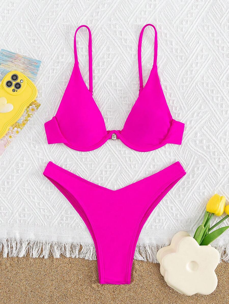 Swimsuit women's two-piece split solid Colour underwire sexy swimsuit - Hot Pink - View 1