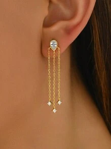1 Pair Of Elegant 925 Silver Long Tassel Pear Shape Zirconia Earrings, Unique Design Ladies Daily Date Party Versatile Jewelry