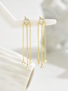 1 Pair Of Elegant 925 Silver Long Tassel Pear Shape Zirconia Earrings, Unique Design Ladies Daily Date Party Versatile Jewelry