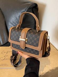 1入組多色格紋PU手提包，帶扣閉合，時尚多用途，適合女性日常旅行使用 - 棕色 - 查看 9