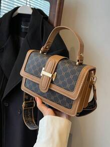 1入組多色格紋PU手提包，帶扣閉合，時尚多用途，適合女性日常旅行使用 - 棕色 - 查看 2