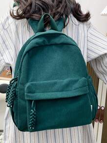 小号灯芯绒纯色背包，休闲背包学校背包，书包，学校背包，返校，经典休闲，适合少女女大学生，非常适合返校 - 墨綠色 - 查看 3