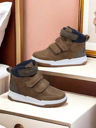 1 Pair Kids High Top Sports Shoes, Boys & Girls Hook And Loop Strap Dual-Color Splice Casual Sneakers, TPR Outsole Lightweight Breathable All Season Training Shoes For Outdoor, Campus, Comfortable And Lightweight