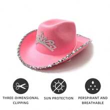 1pc Pink Cowboy Hat - Pink Sequin Cowgirl Princess Hat With Crown Tiara Design - Pink - View 6