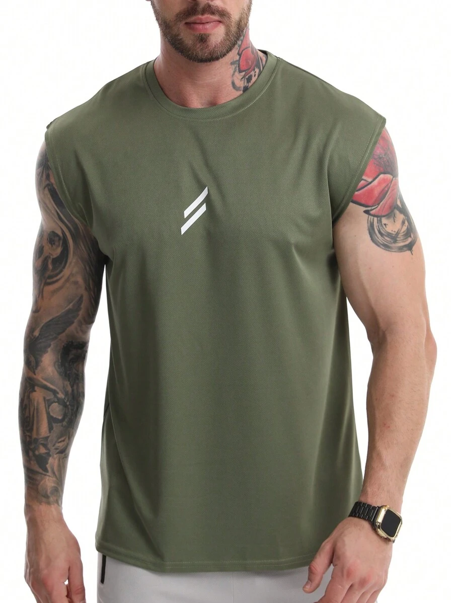 男友风男士运动无袖上衣，速干运动服，适合跑步健身，基础款印花T恤，夏季户外活动必备 - 軍綠色 - 查看 1