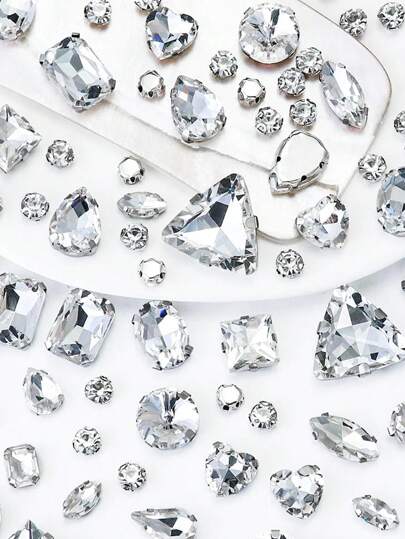 100pcs Mixed Shape Glass Rhinestones With Silver Claws, For Sewing On Jewelry, Crafts, Clothes, Shoes, Garments, And Apparel, Crystal Gemstones With Flat Back, White