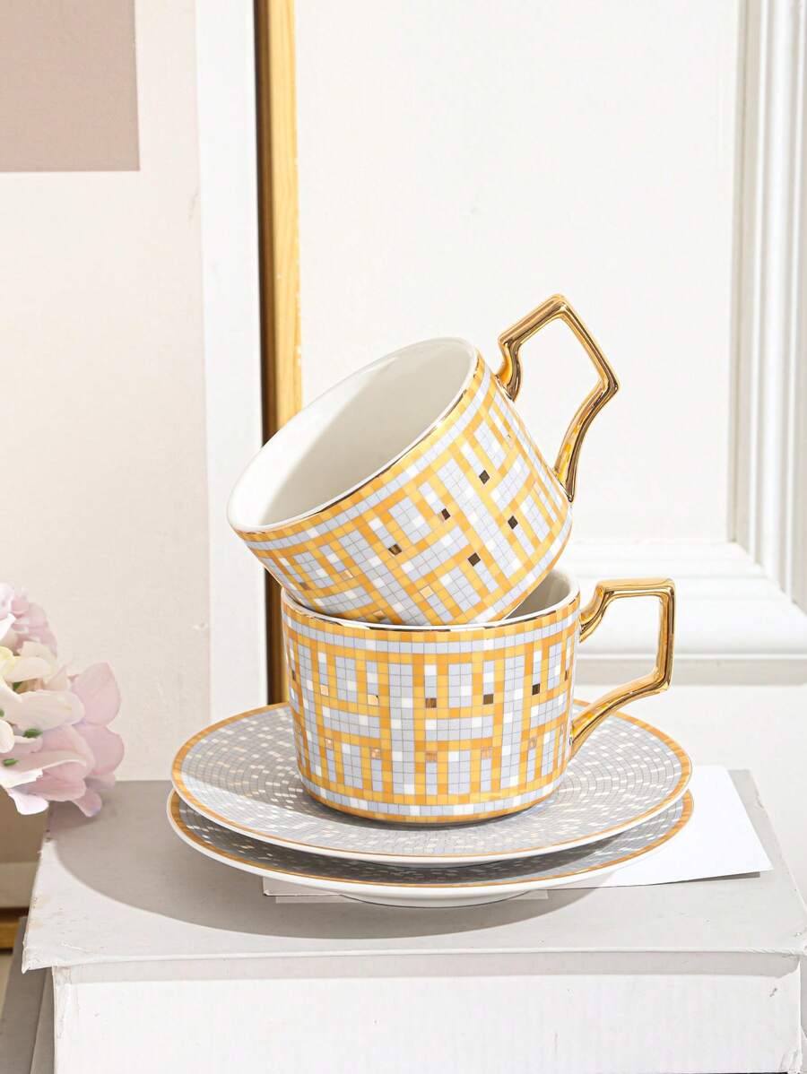 1 Set Ceramic Coffee Cup & Saucer, Household Kitchen Restaurant Living Room Use For Tea, Coffee, Milk, Juice, Suitable For Outdoor, Wedding, Party, Gift, Birthday Back To School - Multicolor - View 1