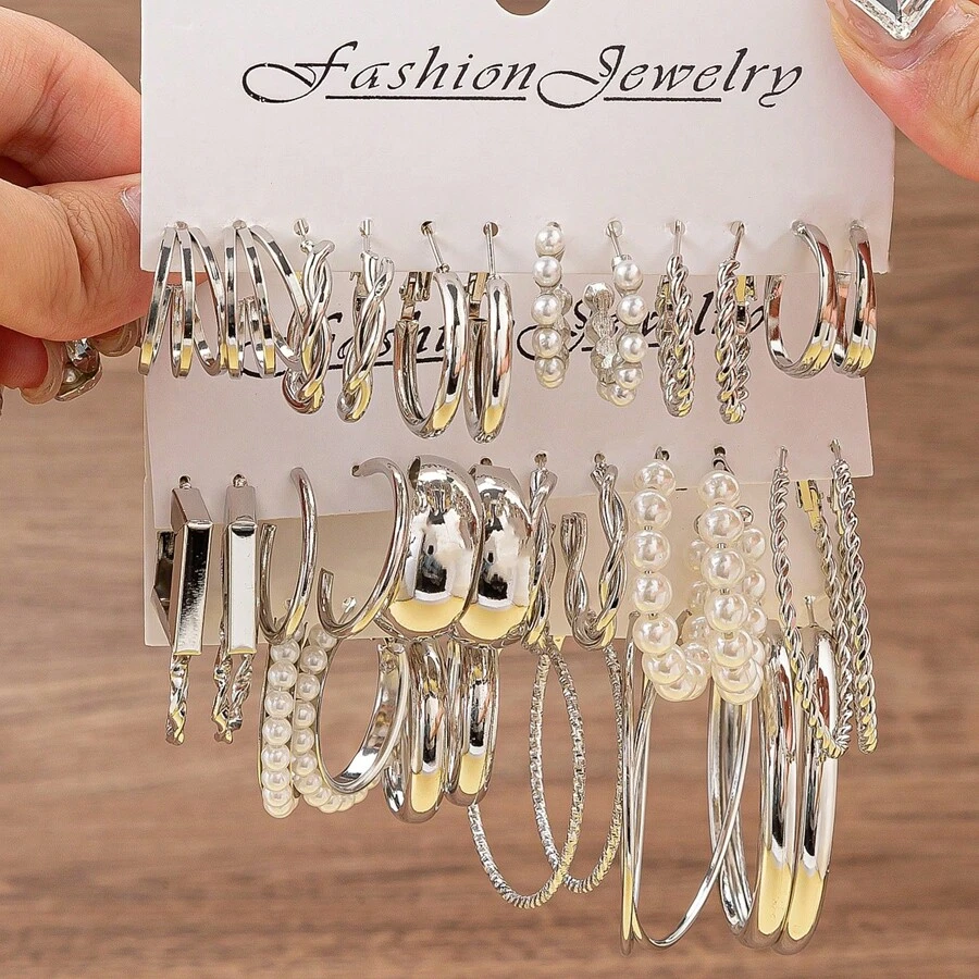 6-18pairs New Spiral Hoop Earrings With Faux Pearl C-Shape Earring Sets - Big Circle - View 1