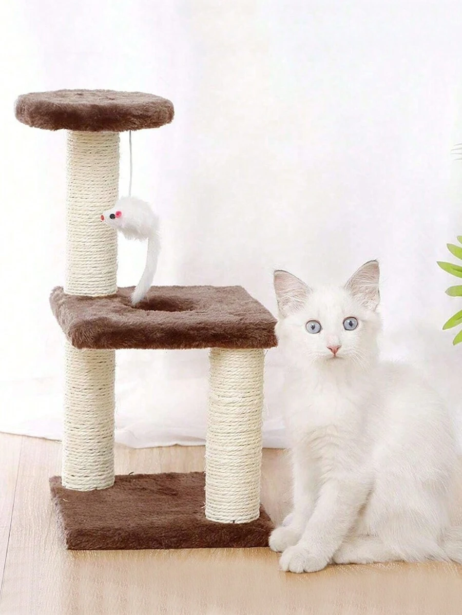 Rascador de gato para gatito, tres capas de sisal natural, plataforma de felpa y bolas de ratón, juguetes interactivos de gatitos y gatos - Marrón - Ver 1