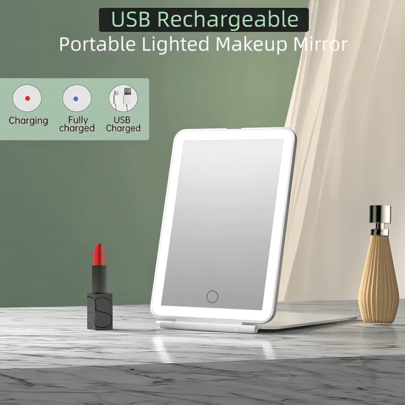 FD Espejo de maquillaje plegable con pantalla táctil 3 colores de luz Frío Cálido Neutra 3 modos de luz, espejos cosméticos, espejo LED plegable recargable por USB
