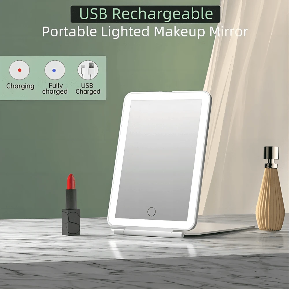 FD Espejo de maquillaje plegable con pantalla táctil 3 colores de luz Frío Cálido Neutra 3 modos de luz, espejos cosméticos, espejo LED plegable recargable por USB