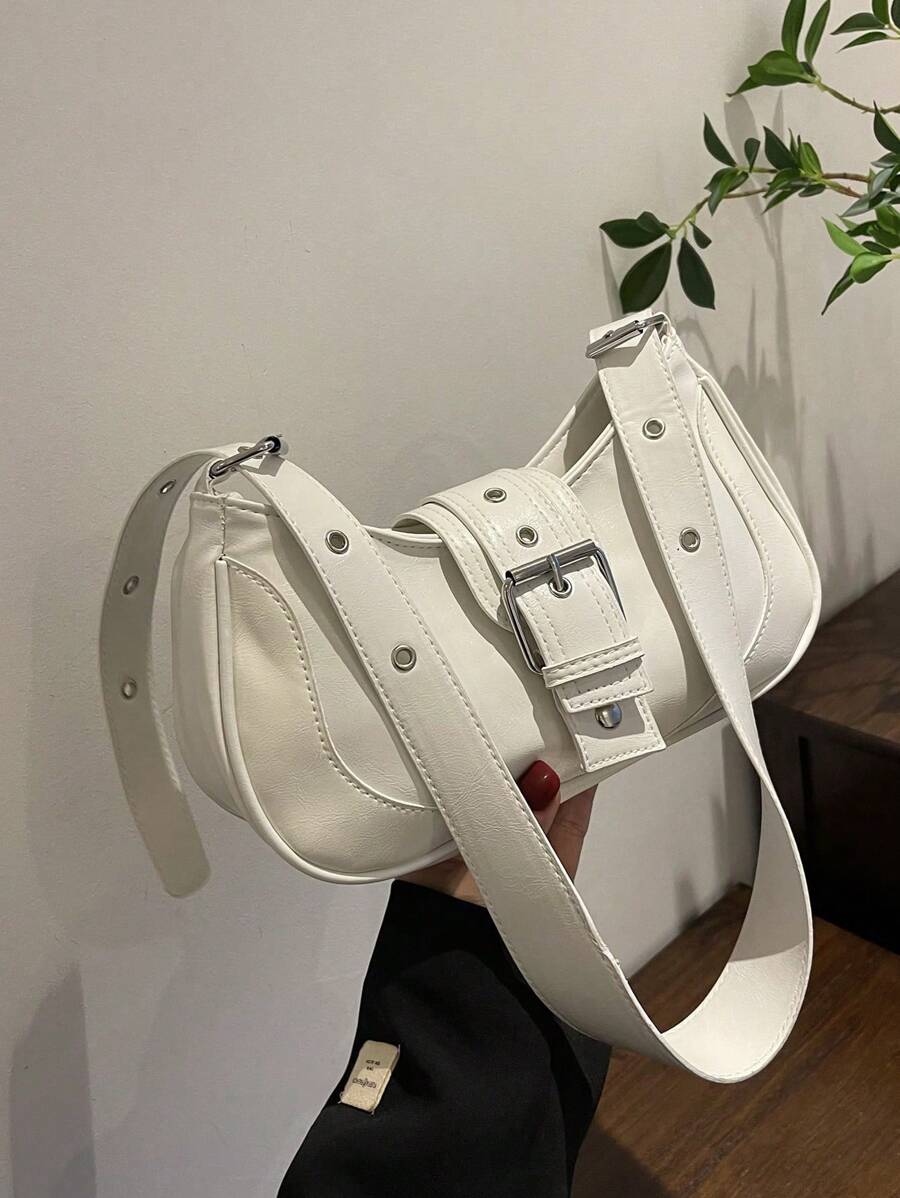 复古 PU 皮革单肩包配腰带装饰，拉链开合斜挎包，新款纯色女士手提包，Tready 女士新月包 - 白色 - 查看 1