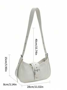 复古 PU 皮革单肩包配腰带装饰，拉链开合斜挎包，新款纯色女士手提包，Tready 女士新月包 - 白色 - 查看 5