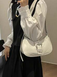 复古 PU 皮革单肩包配腰带装饰，拉链开合斜挎包，新款纯色女士手提包，Tready 女士新月包 - 白色 - 查看 2