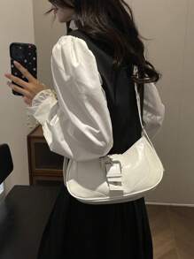 复古 PU 皮革单肩包配腰带装饰，拉链开合斜挎包，新款纯色女士手提包，Tready 女士新月包 - 白色 - 查看 3