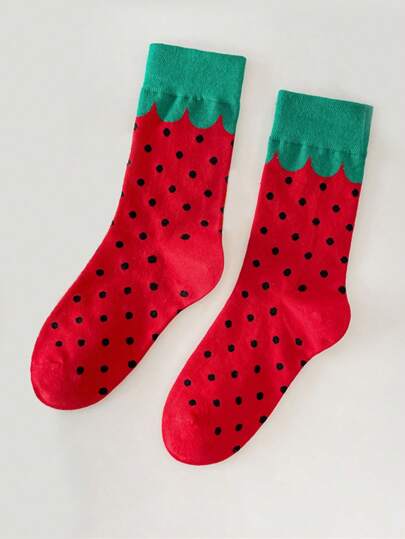 1 par de calcetines creativos y divertidos con estampado de fresa para mujeres, cómodos y versátiles para uso diario, Navidad