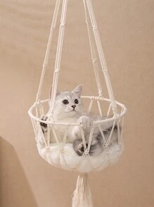 1 Pieza Cama Hamaca Para Mascotas Tejida A Mano Con Estilo Bohemio, Adecuada Para Gatos Pequeños A Medianos, Dormir En Cuatro Estaciones - Beis - Ver 1