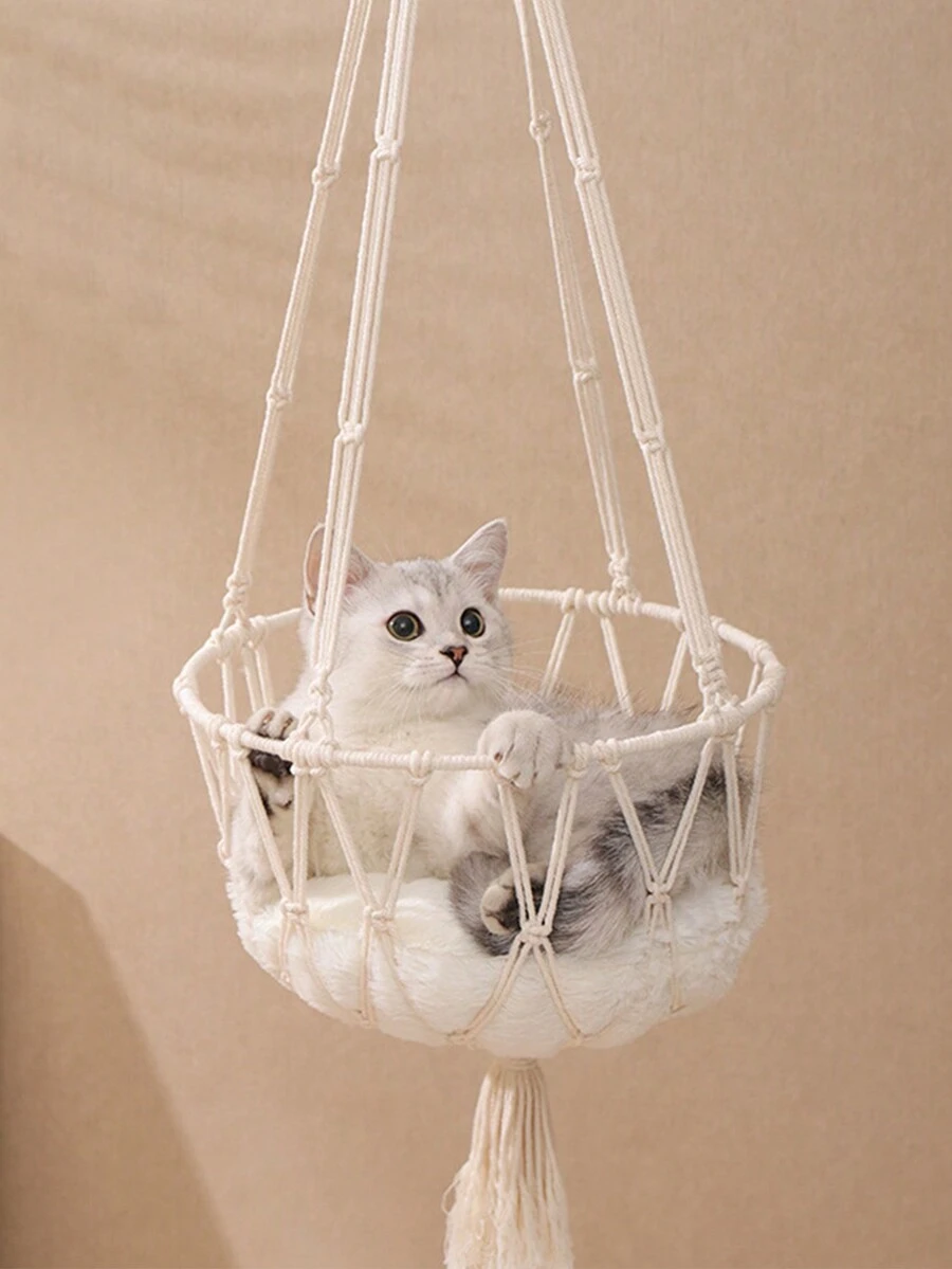1 Pieza Cama Hamaca Para Mascotas Tejida A Mano Con Estilo Bohemio, Adecuada Para Gatos Pequeños A Medianos, Dormir En Cuatro Estaciones - Beis - Ver 1
