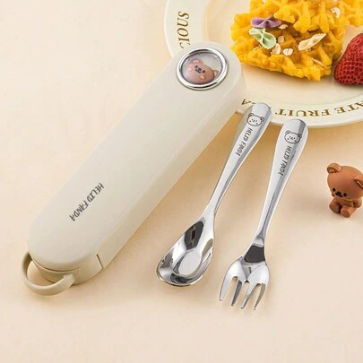 WORTHBUY 3Pcs/Set Portable Dinnerware Set With Cute Cartoon Pattern , 304 Stainless Steel Fork Spoon With Cutlery Box, Reusable Tableware Set, Dishwasher Allowable, Suitable For Student & Adult Use In School, Office, Outdoor Camping, Picnic, Travel