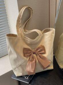 1 件米色大容量可爱蝴蝶结装饰尼龙女士单肩托特包，适合日常使用、上班通勤、轻便、多功能、大学生、短途旅行、购物袋