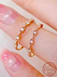 1入組原創時尚Ins風格S925銀玫瑰金中空條紋神秘眼形立方氧化鋯戒指，適合女孩日常穿戴、節日派對、禮物 - 玫紅色 - 查看 3