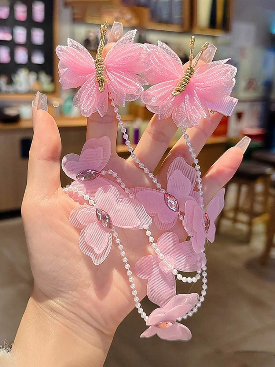 2pcs/Set Girls' Pink Bow Pearl Princess Cute Retro Tassel Hair Clips, Hair Accessories, Hair Pins - Multicolor - View 1