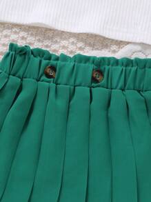 Set di top casual asimmetrico con spalline sottili per ragazze e gonna plissettata decorata con bottoni in vita a sacchetto di carta, estivo