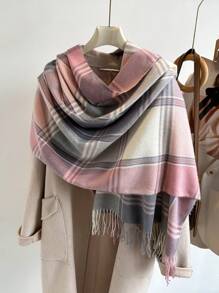1 pieza Elegante bufanda/echarpe de mujer a cuadros multicolor con flecos de imitación de cachemira, Chal/pashmina de cachemira, Bufanda de cuello unisex estilo grueso y casual para el invierno, Chal envolvente para mujer, Suave y cómoda, Para uso diario y salidas, así como regalos navideños para miembros de la familia