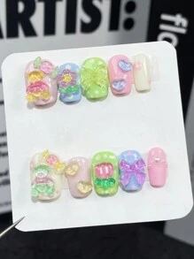 10入組可愛卡通熊貓指甲藝術多巴胺色系蝴蝶結短指甲贴，杏仁形狀，可拆式假指甲貼紙，贈附果凍貼紙套組 - 彩色 - 查看 3