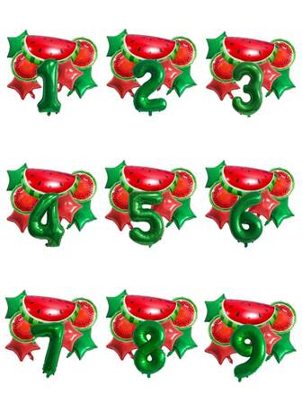 9pcs Green Watermelon Shaped Number Balloons Set For Decorating Birthday Party, Hawaiian Fruit Theme