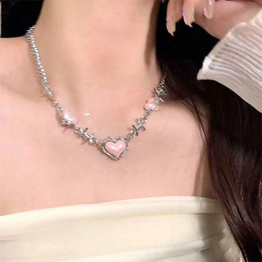 Vòng cổ trái tim màu hồng sáng tạo Punk Y2K Phong cách cổ Phụ kiện trang sức Dự tiệc - Hồng - Xem 1