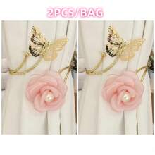 مُحمِل ستارة بزهرة الورد وفراشة 3D بلؤلؤ اصطناعي بقطعة واحدة او قطعتين/ حلقة ستارة من المعدن - مثالي لتثبيت الستائر التزيينية في غرفة النوم أو غرفة الجلوس