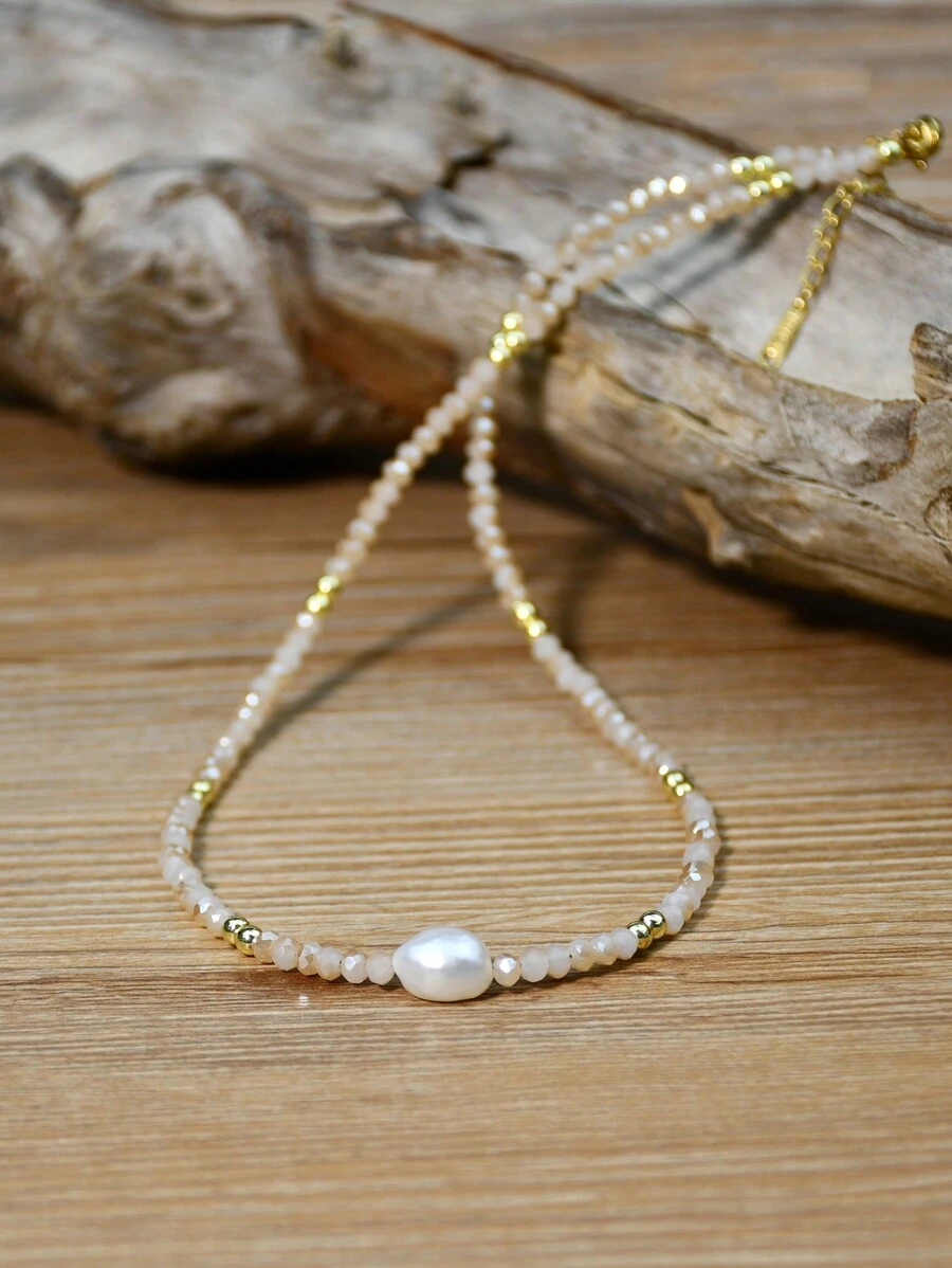 Minimalist Water Pearl Necklace, Adjustable Crystal Choker Necklace, Everyday Jewelry Gift