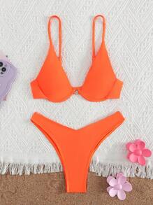 Women's 2pcs/set Pure Colour Bikini Swimsuit With Steel Frame - Orange - View 2