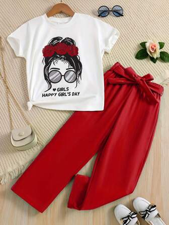 2pcs Girls Summer Lightweight Outfit Glasses Graphic Print Short Sleeve Breathable Crew Neck Top + Solid Color Straight Leg Pants, Fashion Casual Children Summer Clothes, Teen Girls