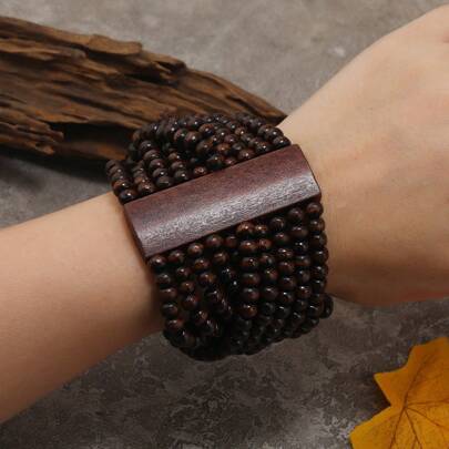 Handmade Beaded Bohemian Style Wide Bracelet In Coffee Color, Suitable For Women Daily Wear