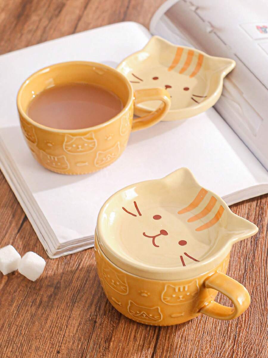 1 pieza Taza cerámica de dibujo animado creativa, taza de cocina/comedor/sala de estar para té, café, leche, jugo, bodas, fiestas, regalos, cumpleaños, Navidad - Amarillo - Ver 1