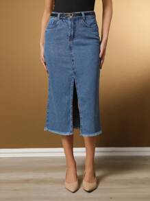 Saia Denim midi com fenda lavagem media Festa junina