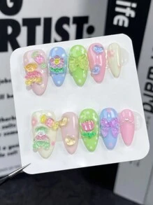 10入組可愛卡通熊貓指甲藝術多巴胺色系蝴蝶結短指甲贴，杏仁形狀，可拆式假指甲貼紙，贈附果凍貼紙套組 - 彩色 - 查看 9