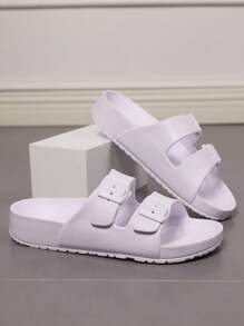 Women Summer Eva Flat Slippers, Outdoor Flat Slides, Double Buckles Eva Sandals, Ultra-Light Beach Slippers Shoes, Home Bathing