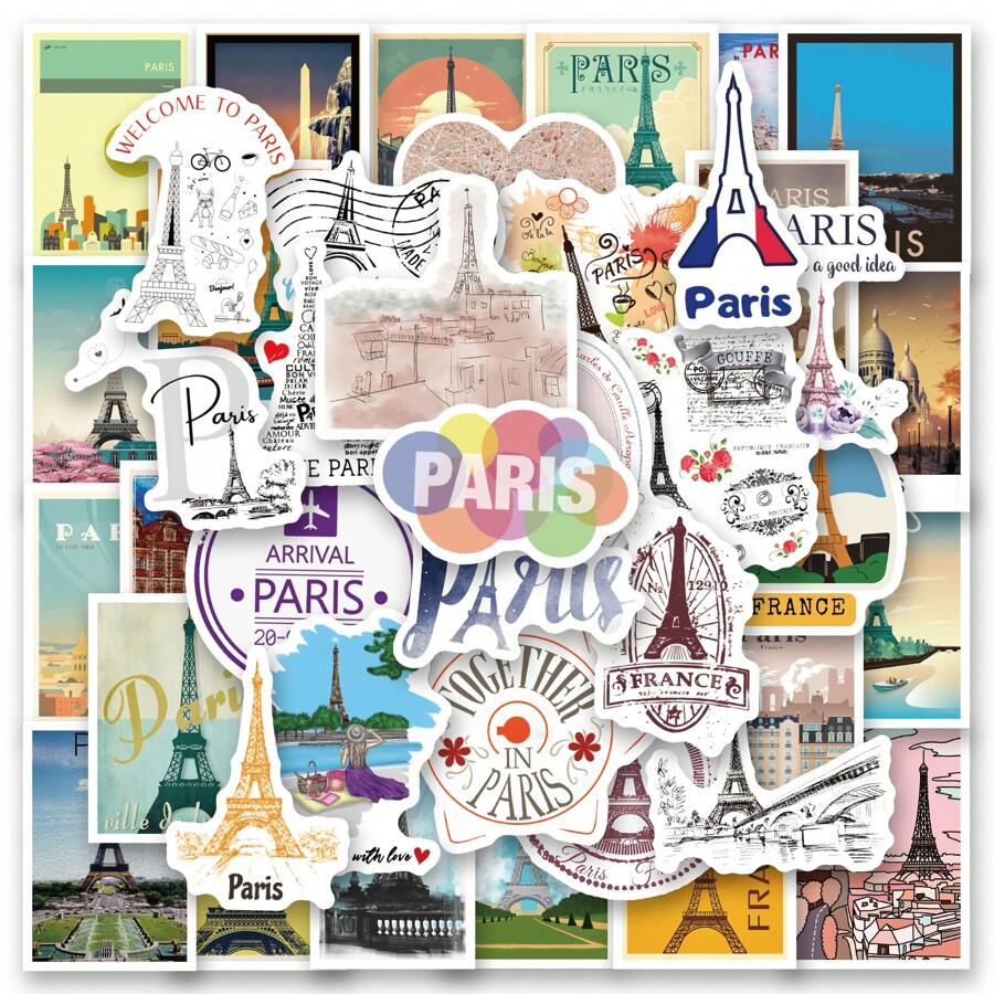 60 PIEZAS Pegatinas de viaje a París Pegatinas de vinilo estéticas para scrapbooking, diario, portátil, parachoques, monopatín, botella de agua, computadora, teléfono, dibujos animados, casco, pegatinas y calcomanías de automóviles Regreso a la escuela Suministros de scrapbooking Pegatinas divertidas Pegatinas para portátil Pegatinas para teléfono Kindle papelería manualidades libro de sticker estikers - Multicolor - Ver 1